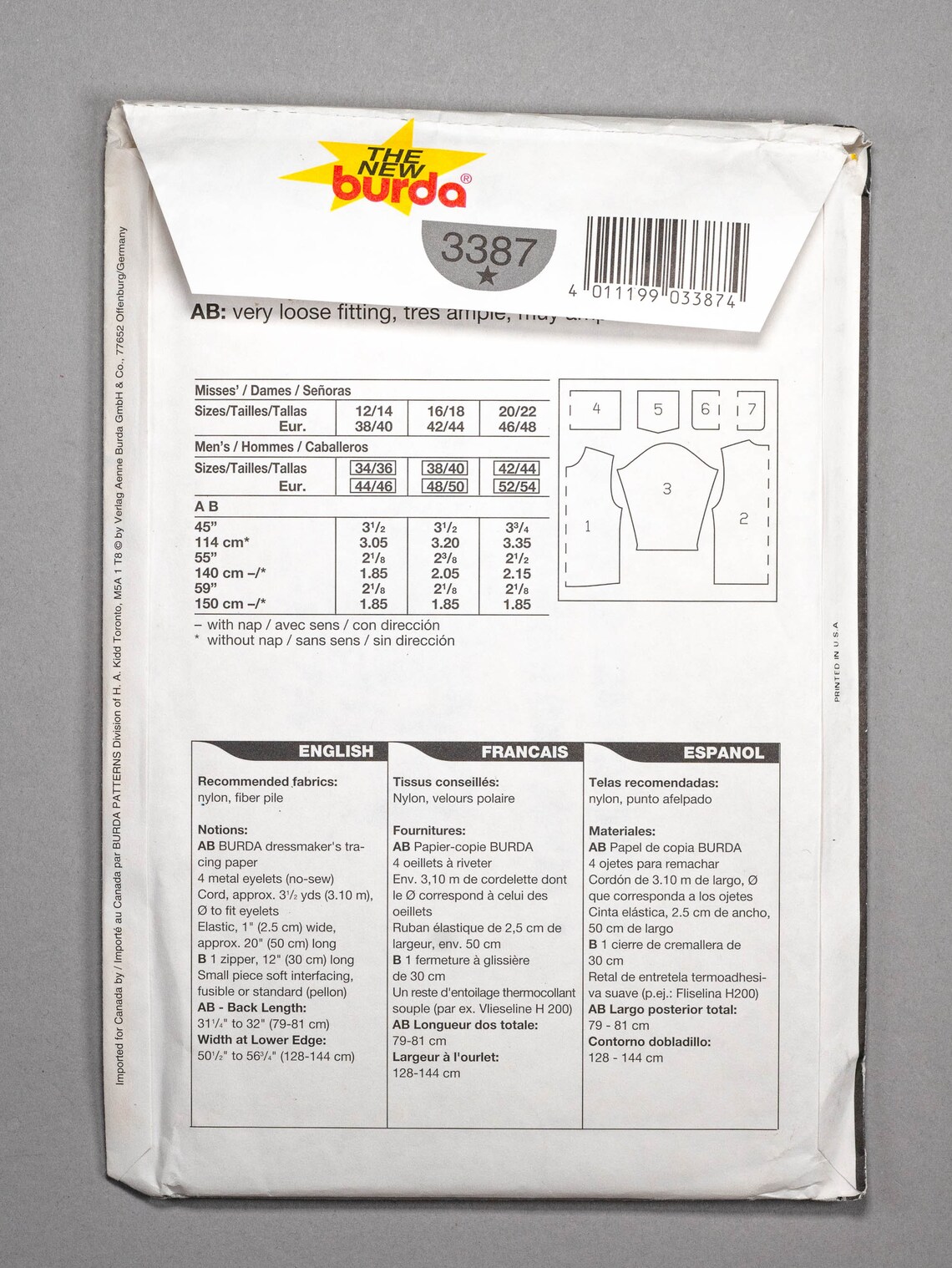 3387 Burda Unisex Ski Jacket Pattern Uncut 12-22 Ms; Mr 34-44 - Coats ...