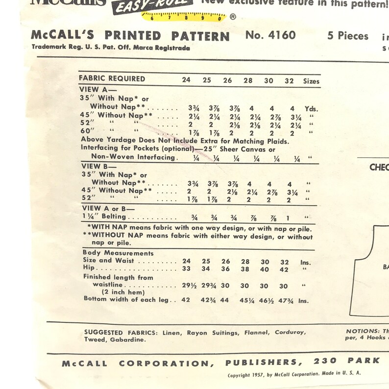 4160 MCCALLS 1957 EASY WIDE LEG CULOTTES PATTERN 32 WAIST - Retro ...