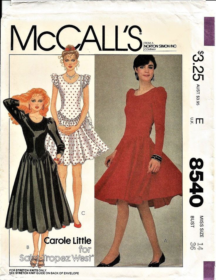 8540 McCalls 1983 Carole Little Stretch Knit Sleeves or Not Drop Waist ...