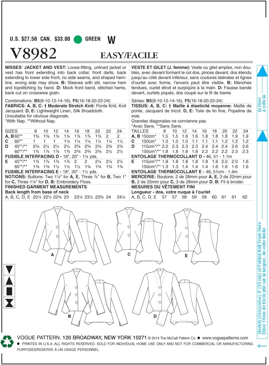 V8982 Pattern 8982 VOGUE MARCY TILTON easy UNLINED SHAPED JACKET, VEST PATTERN 16-24 ...