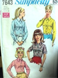 7643 SIMPLICITY 1968 TAPER SS-LS SHIRT-BLOUSES PATTERN 12 34"B''