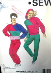 1487 KWIK SEW CONTRAST JOGGING SUIT TOP HOOD OR NOT, PANTS PATTERN XS-LG