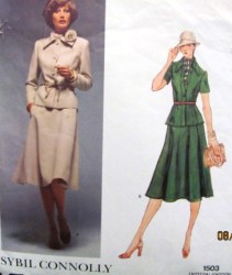 1503  Vogue SYBIL CONNOLLY SS-LS JACKET, FLARE SKIRT, SCARF PATTERN 10 or 8 choice cut