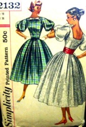 2132 SIMPLICITY 1957 BATEAU NECK FLARE DRESS, BOW, CUMMERBUND PATTERN 16, 11 UNCUT