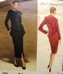 2584  VOGUE LAGERFELD BACK OVERLAY JACKET, YOKE RAISED WAIST SKIRT PATTERN 8-12