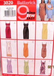 3020 9 STRAPPY SHAPED/RUFFLE/FLOUNCE DRESS EZ PATTERN 8-12,20-24