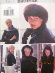 3311 Butterick FAUX FUR  HOOD ZIPPY VEST,  HEADBAND, HEADWRAP, SCARF, BAG PATTERN 6-18 2 SZS CHOICE UNCUT