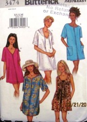 3474 BUTTERICK SO EZ COVER-UP LENGTHS,  HOOD/ ZIP OR NOT PATTERN XS-M; LARGE-XL CHOICE