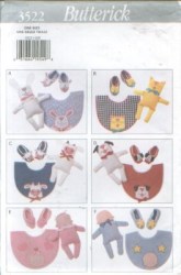 3522  BUTTERICK BABY BIBS, ANIMAL CRIB DOLLS,INFANT SLIPPERS PATTERN UNCUT