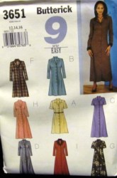 3651 Butterick 9 EZ SS-LS BUTTON DOWN DRESSES LENGTHS PATTERN 12-16 or 18-22 choice 