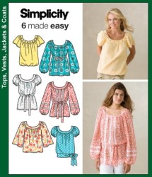 3887 SIMPLICITY 6 SWEET EASY PEASANT TOPS LENGTHS, BELT PATTERN 8-16,16-24 UNCUT