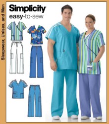 4101  Simplicity SCRUB V TOPS,  POCKET PANTS UNISEX PATTERN S-LG, or XL-XXXL uncut choice