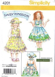 4201 SIMPLICITY DAISY KINGDOM GIRLS TIED SUNDRESS,SUN HAT PATTERN 3-6