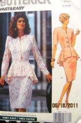 4553 Butterick 1990 EASY SS-LS BUTTON PEPLUM TOP, SKIRT PATTERN 12-16 or 6-10 uncut choice