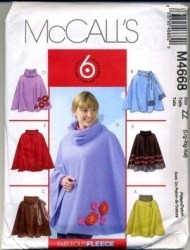 4668 MCCALLS FLEECE COWL COLLAR APPLIQUE PONCHO PATTERN SM-MD, LG-XXL
