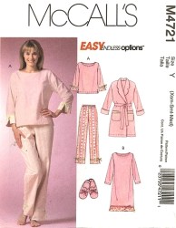 4721 MCCALLS MS WRAP ROBE, TOP,  PANTS, GOWN, SLIPPERS XS-M,L-XL PATTERN