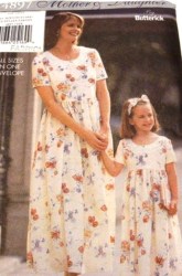 4897 MOM DAUGHTER LONG DIRNDL SS TIED DRESS PATTERN XS-L