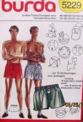 5229 BURDA MEN'S 15 EMBROIDERY TRANSFERS BOXER SHORTS PATTERN 36-46