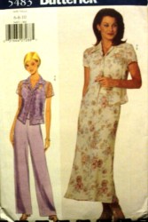 5483 BUTTERICK T-TOP, 1 BUTTON TOP, LONG BIAS SKIRT, PANTS PATTERN 6-22 3 SIZES