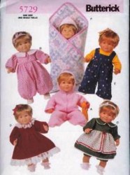 5729 BUTTERICK 14-15", 17-18'' BABY DOLL BUNTING, DRESS,  OVERALLS, UNDIES BLANKET PATTERN