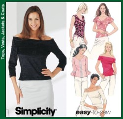 5875 SIMPLICITY STRETCH KNIT OFF SHOULDER/ V TOPS PATTERN 4-10; 12-20 UNCUT CHOICE
