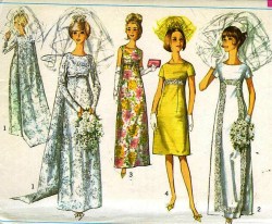 6352 SIMPLICITY 1965 BRIDES/ MAID DRESS LENGTHS, DETACH TRAIN PATTERN 12,14,16