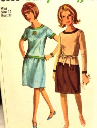 6638 DROP WAIST SS-LS 1966 NO COLLAR DRESS, BELT PATTERN 12 32
