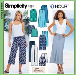 7229  SIMPLICITY 1 HR DRAWSTRING YOKE BOTTOMS,SKIRT LENGTHS PATTERN 6-12; 14-22 CHOICE UNCUT