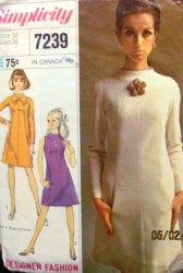 7239 SIMPLICITY  '67 DESIGNER RAGLAN LS OR NOT DRESS,BOW PATTERN 14 34 OR 12 32B