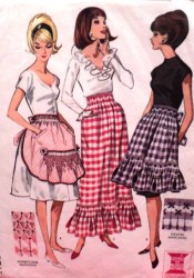 7384 '64 CHECK GINGHAM SMOCK APRONS,1 PC SKIRT PATTERN 24-28''WST