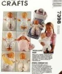 7398 MCCALLS 12''-22'' BABY DOLL PJS, HAT, BOOTIES, CARRIER, BAG PATTERN