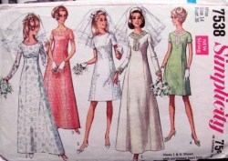 7538 1968 SIMPLICITY BRIDES / BRIDESMAID SS-LS NO COLLAR DRESS LENGTHS PATTERN 14,12,10 choice