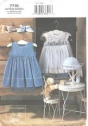 7716 INFANT DRESS,HAT, BLOOMERS, SHOES EMBRDRY/SMOCKING PATTERN