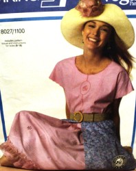 8027 1100 Vogue  EZ CAP/  Long Sleeve TOP,  FLARE BUTTON SKIRT VIKING PATTERN 8-18 Uncut