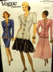 8228  VOGUE LACY SS-LS TOP, STRAIGHT -FLARE SKIRT LENGTHS, OVERSKRT PATTERN 12-16; 18-22 UNCUT