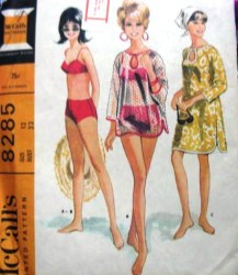 8285 MCCALLS 2 PC LO RISE BATHING SUIT, COVER-UP 2 LENGTHS 1966 PATTERN 10 31B  cut