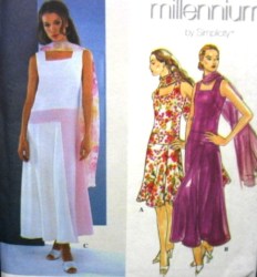 8513 SQUARE NECK SLEEVELESS FLARE DRESS,SCARF PATTERN 10-14