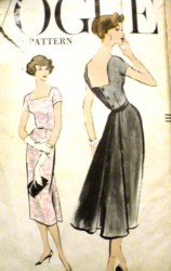 9341 50s VOGUE SLIM-FLARE BK BUTTON SQ NECK DRESS PATTERN 14,16