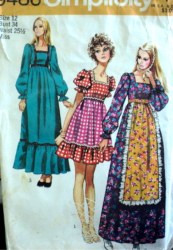 9486 SIMPLICITY 1971 RUFFLE SS-LS EMPIRE DRESS LENGTHS, APRON PATTERN 12, 10 