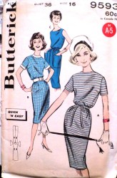 9593 BUTTERICK QUICK EASY SS/SLVLSS SHEATH DRESS,BELT 50S PATTERN 16 36, 12 32"B