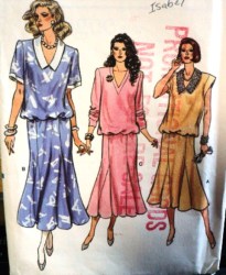 9907 VOGUE PULLOVER LONG DROP WST SS-LS GODET DRESS PATTERN 8-12