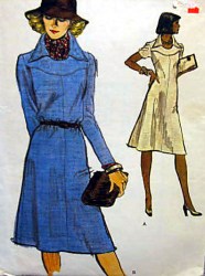 9059 VOGUE 1970S YOKE COLLAR A-LINE SHORT - LONG SLEEVE DRESS PATTERN 12, 16 UNCUT